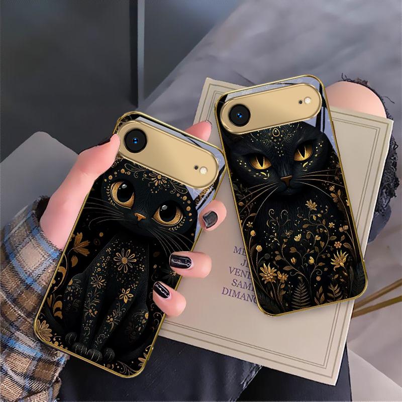 Fantastic Black Cat For IPhone 17Pro Max 16 17 Pro 15 Pro 14 13 Plus 12 Mini 11Pro Max XR 16E 17 Air Golden Glass Phone Case