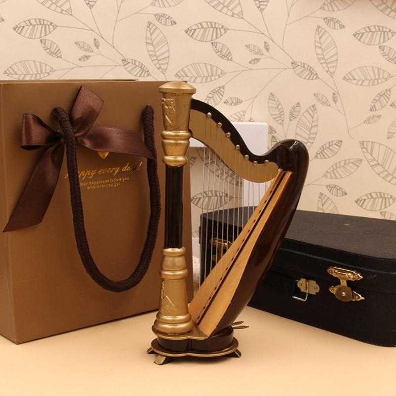Wooden Miniature Harp Model with Black Gift Case Musical Instrument Model Musical Gifts Ornaments Decorations