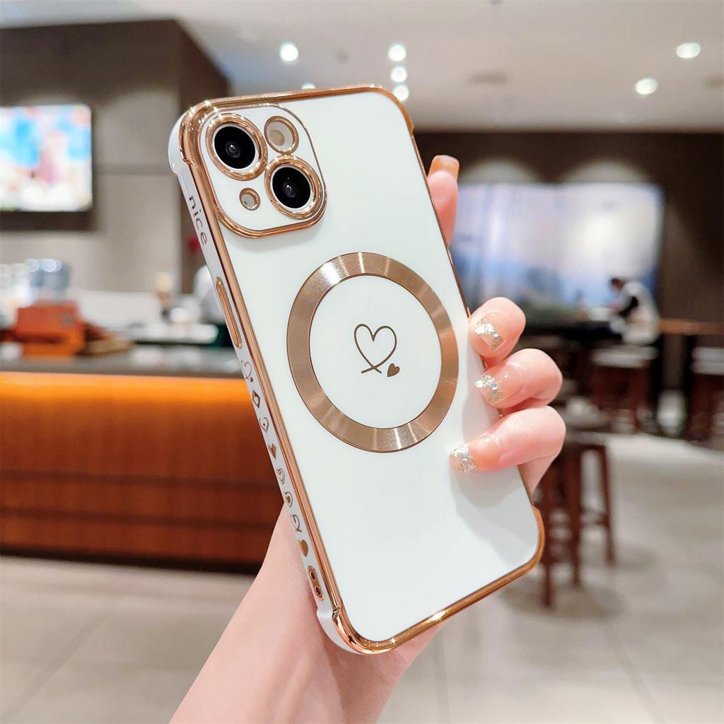 For iPhone 15 Case Compatible with MagSafe Electroplated TPU Phone Cover Hollow Love Hearts