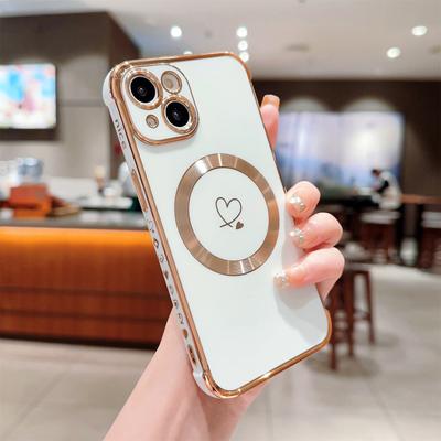 For iPhone 15 Plus Case Compatible with MagSafe Electroplated TPU Phone Cover Hollow Love Hearts