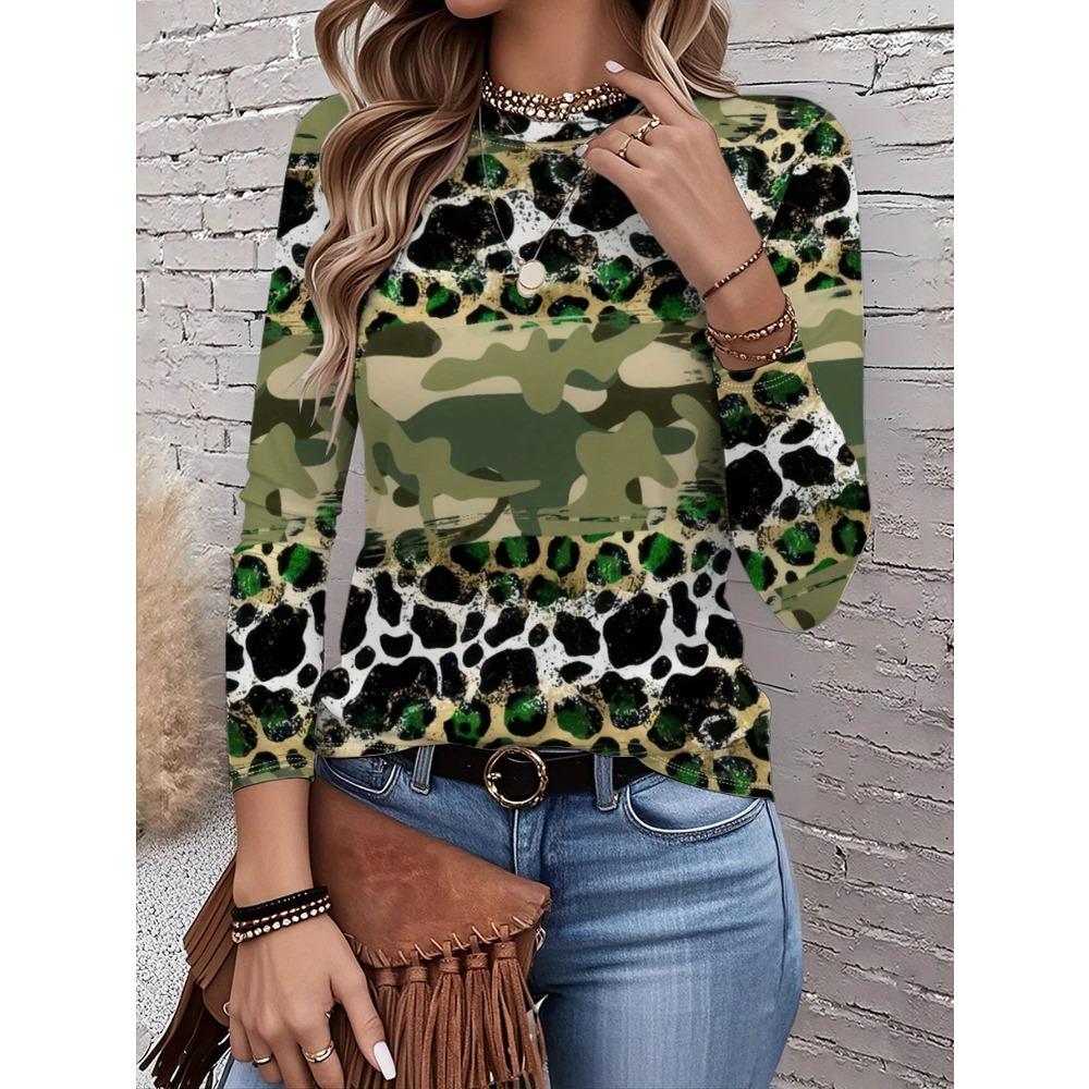 Women's T-shirt 3D Printing Green Plant Print Fashion Long Sleeve Round Neck Regular Top Holiday Weekend Spring and Autumn Y2K