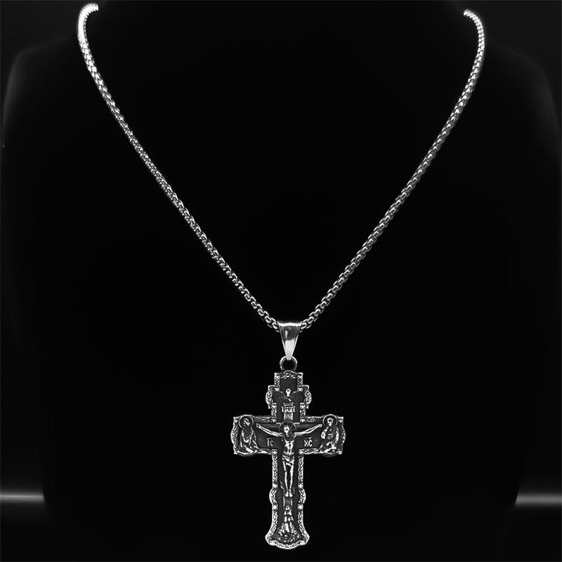 Men's Stainless Steel Crucifix Cross Pendant Necklace Orthodox Russian Cross Religious Necklaces Jewelry Boyfriend Gift NZZS05