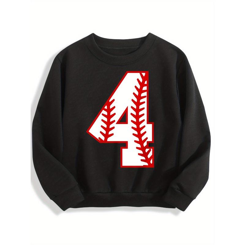 Kids Crewneck Sweatshirt, Baseball Style Number 4 Print, Sport Lovers Daily Casual Pullover