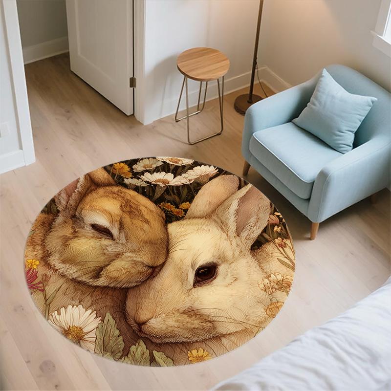 Rabbits in Flower Bush,Round Area Rug,Carpet Rug for Living Room Bedroom Sofa Playroom Decor,Non-slip Floor Mat
