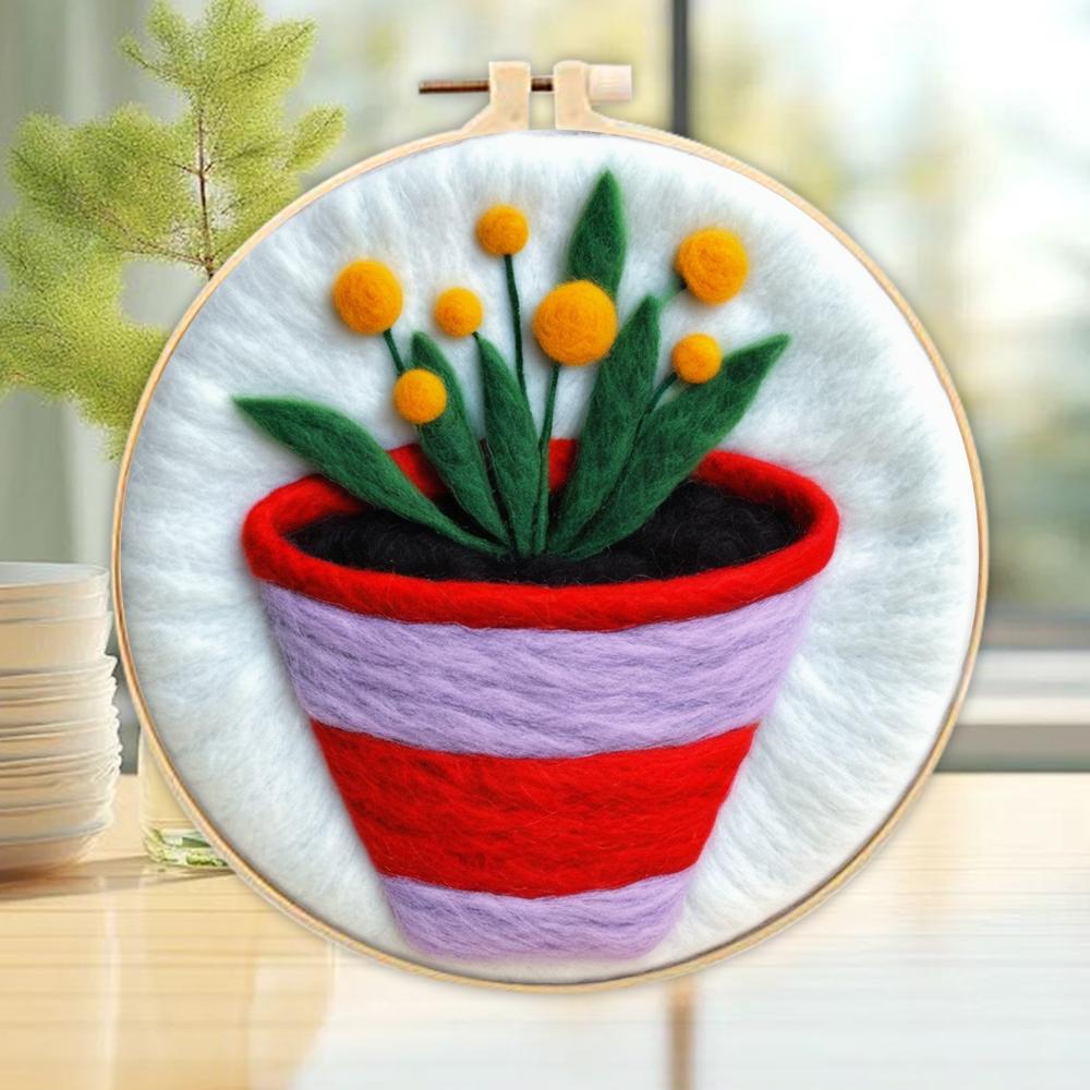 CHENISTORY 20x20cm Frame With Diy Felt Kit Wool Felting Painting Plant Pot Wool Needle Felt Picture Kit Felt Craft Decoration Gi