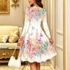 Women Long Sleeve Round Neck Midi Dress Abstract Geometric Star Dot Tie Dye Print Flared Casual Dress