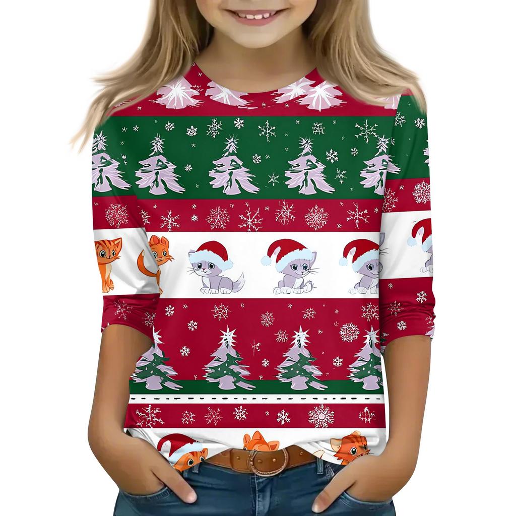 Christmas Children's 3/4 Sleeve Tops Casual  Printed Daily T Shirt Round Neck Pullover Blouse