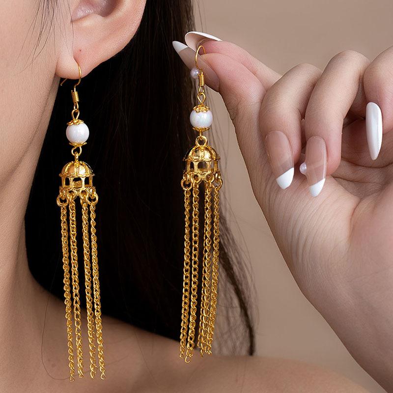 Retro Ethnic Style Earrings, Long Chain Tassel, Personalized Birdcage Earrings, Women'S Fashion Temperament Exaggerated Tibetan Earrings