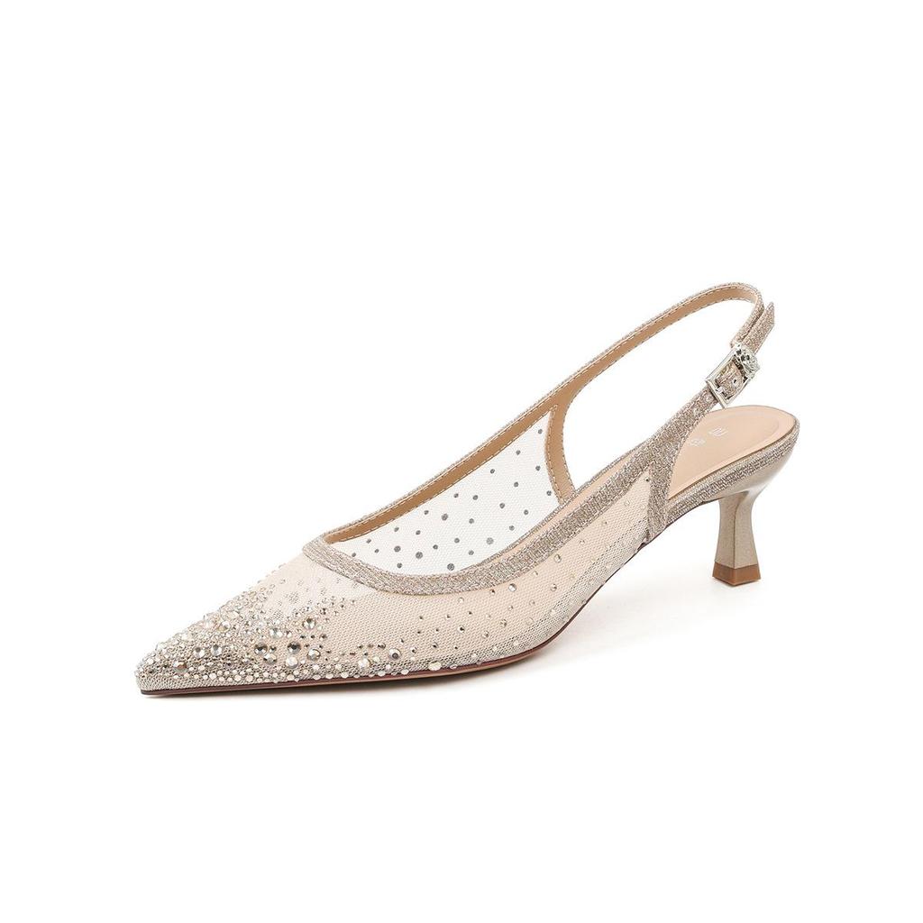 Champagnefärgade strass-mesh-sandaler med hög klack - Dambrud- och aftonskor