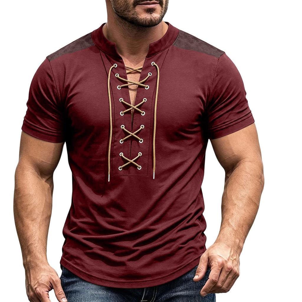 Men's Retro V-Neck Short Sleeve Shirt with Tie Front Casual Tee