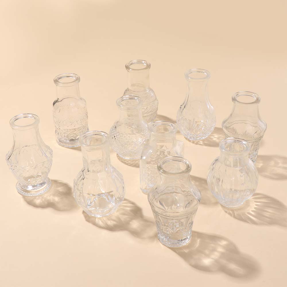 10 Stück/Set Kristallklare Mini-Glasvase Retro Relief-Blumenvase Kleines Vasenset Valentinstag