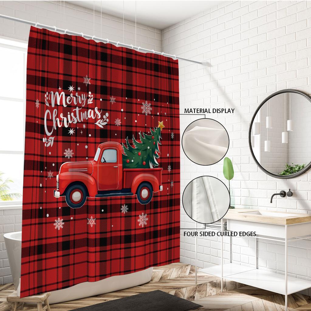 1Pc Red Checkered Truck Print Waterproof Shower Curtain Multiple Size Privacy Hanging Curtain And 12 Hooks For Easy Installation