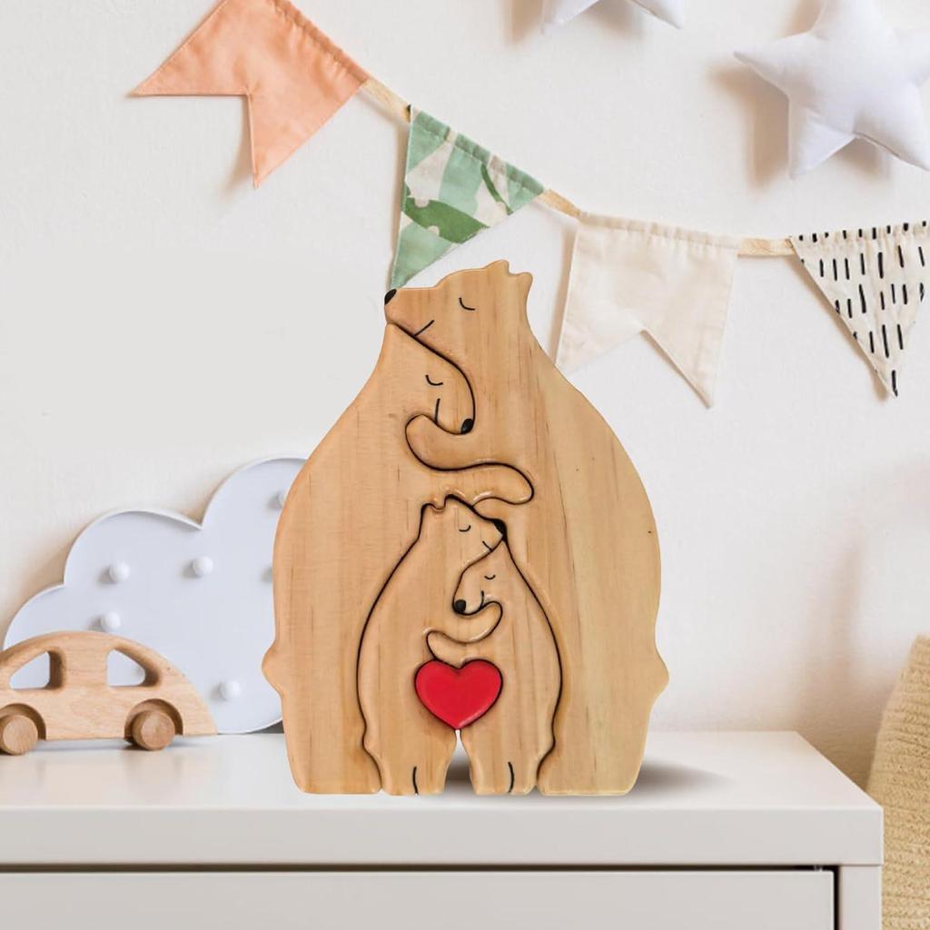 Wooden Mother and Son Bear Hugging Ornament - Solid Wood Puzzle for Bedroom or Living Room Decor.