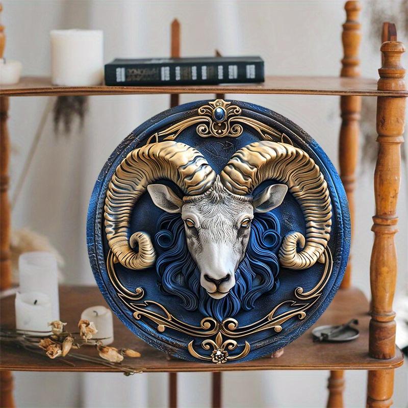 Aries Zodiac Ram Wooden Wall Decor, Round Metal Sign Weather-Resistant Artwork Door Hanger or Wreath Decoration