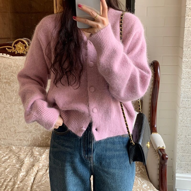 Autumn Winter Women's Knitted Cardigan Women V-Neck Short Solid Sweater Coat Korean Simple Casual Long Sleeve Tops