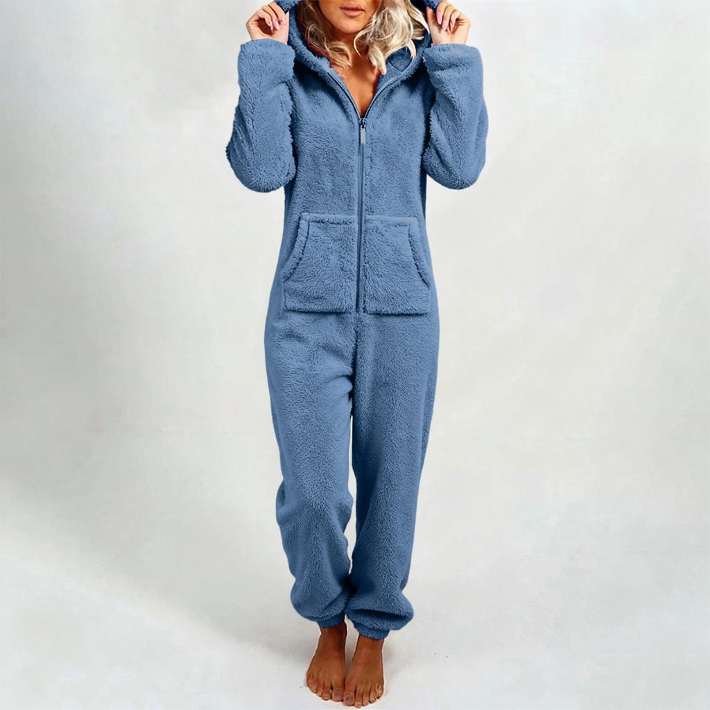 Women's Fashion Fleece-Lined Thickened Fleece Hooded Pyjamas With Zip-Up Onesie