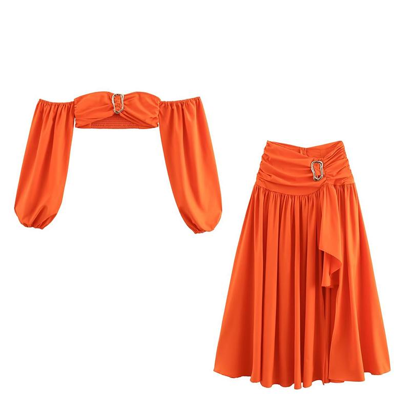 

Сексуальный комплект с открытой юбкой для женщин с открытыми плечами, с длинным рукавом, коротким топом, застежкой-молнией, плиссированной юбкой, костюм M