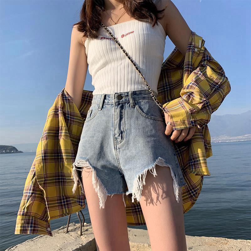 Wowen Classic and Minimalist Fashion Versatile Female Spring and Summer Loose High-waisted Thin Raw Edge Wide-legged Pants Denim Shorts Individuality