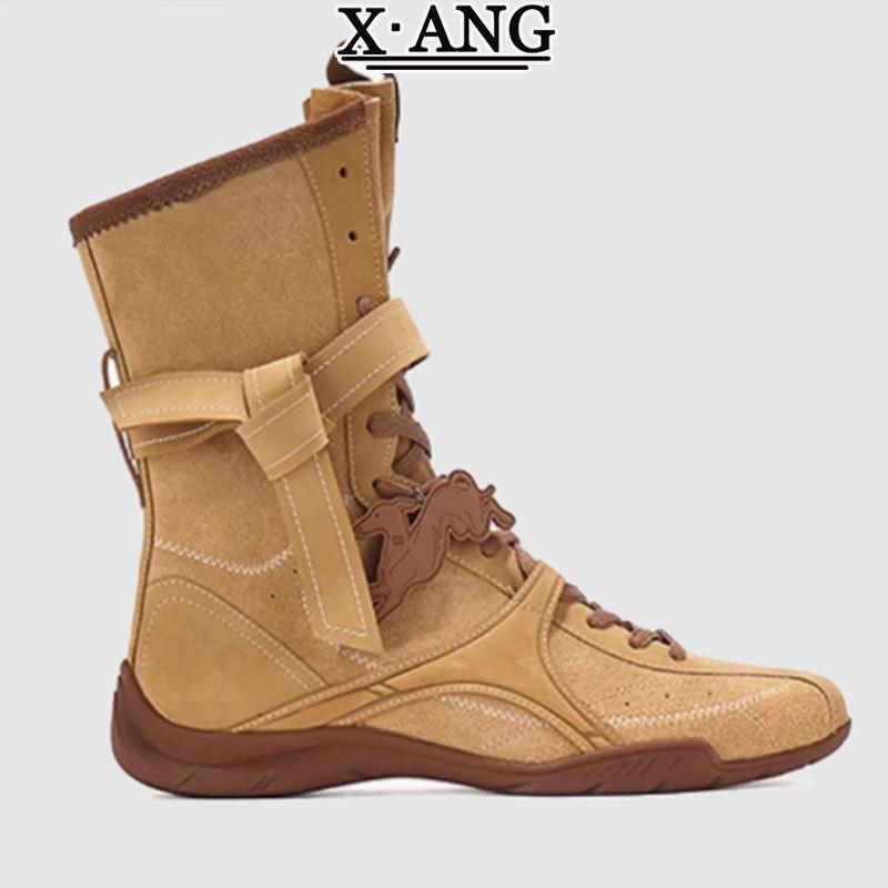 Cowhide version Maillard brown boxing boots inner height increase Martin boots women's retro locomotive boots outdoor mid boots