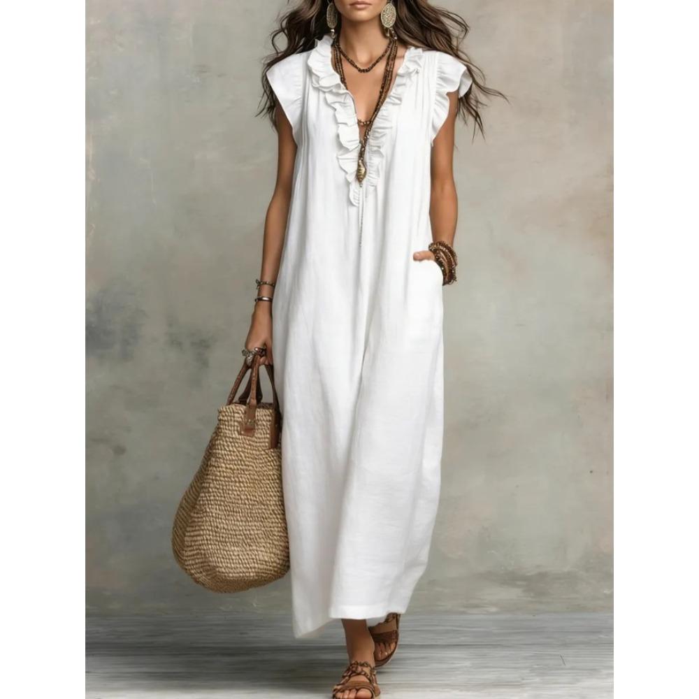 Women's Ruffle V Neck Cap Sleeve Solid Linen Blend Maxi Dress With Side Pockets Boho Floor Length Casual Gown