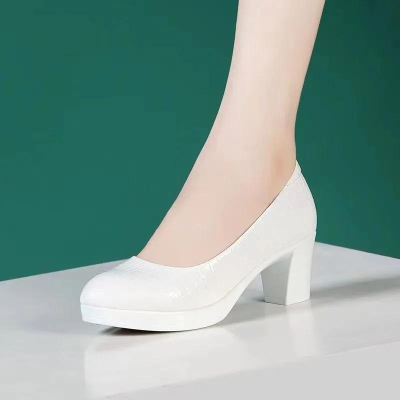 Fashion 2025 Sapatos Femininas Women Fashion Round Toe Black Plaid Pattern Slip On Chick High Heel Shoes Lady Casual White Work Pumps