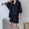 2 Pcs/Set Sweatshirt Shorts Set  Loose Solid Color Lapel Half Sleeves Pockets Elastic Waist Zipper Collar Breathable Smooth Quick Dry Soft Summer