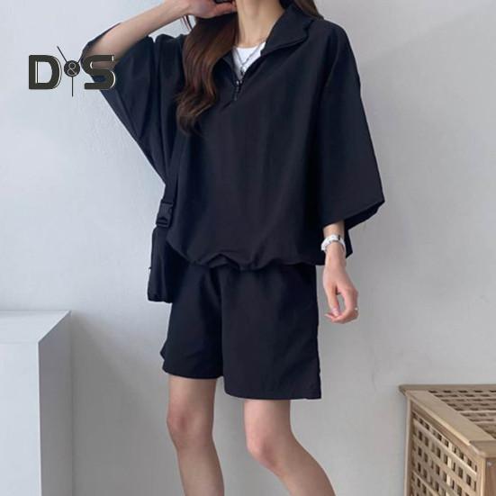 2 Pcs/Set Sweatshirt Shorts Set  Loose Solid Color Lapel Half Sleeves Pockets Elastic Waist Zipper Collar Breathable Smooth Quick Dry Soft Summer