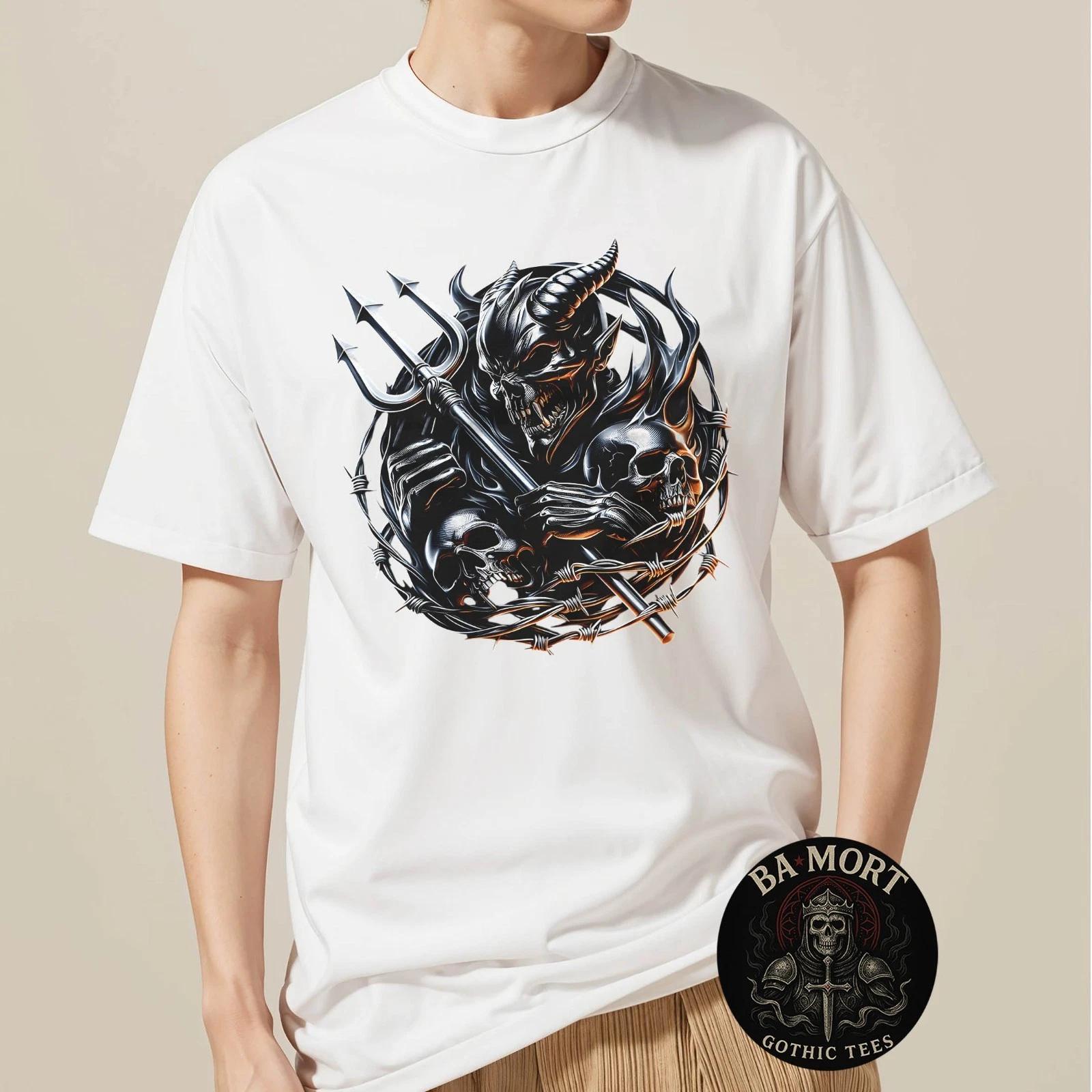 

Demonic Trident Skull Devil Barbed Wire Artwork 100% Cotton T-shirt Mens Tees Top 2XL