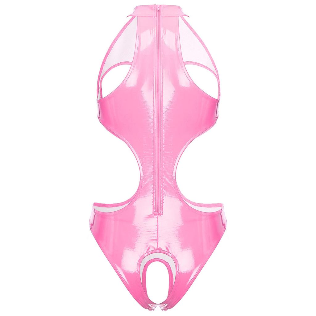 Women Sexy Lingerie Cutout Latex Open Cup Catsuit Nightclub Stage Pole Dancing Costume Bodycon Jumpsuit Performance