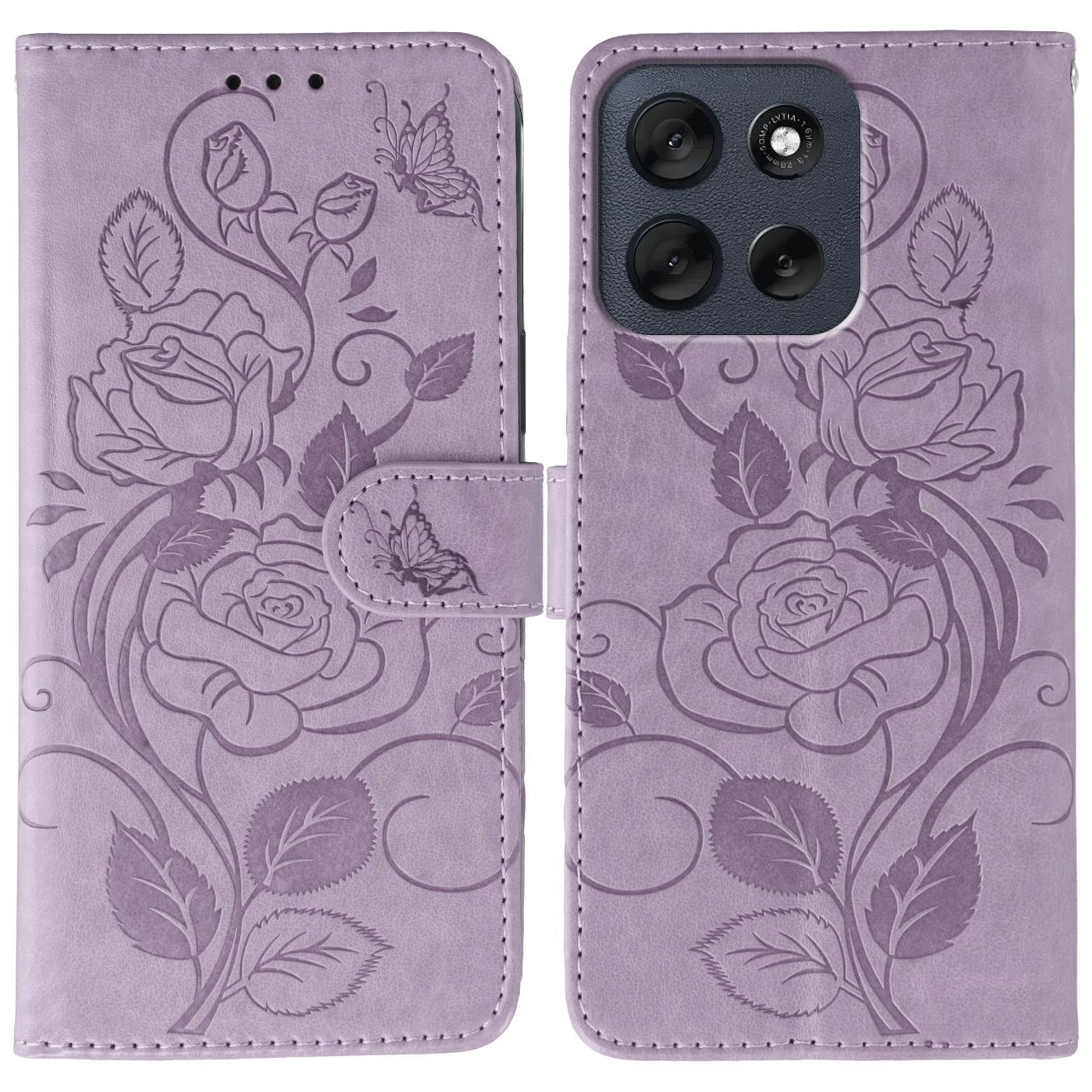 

For Motorola Moto G56 5G Case Wallet Stand Imprinted Rose Butterfly PU Leather Phone Cover Purple