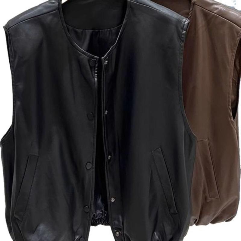 

Women Faux Leather Vest Round Neck Sleeveless Button Down Casual Outerwear 2XL чёрный