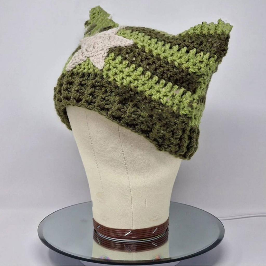 Cat Ear Beanie Hat for Women Harajuku Style Star Patched Earflap Hat Handmade Crochet Hat Y2K Sweet Winter Warm Headwear