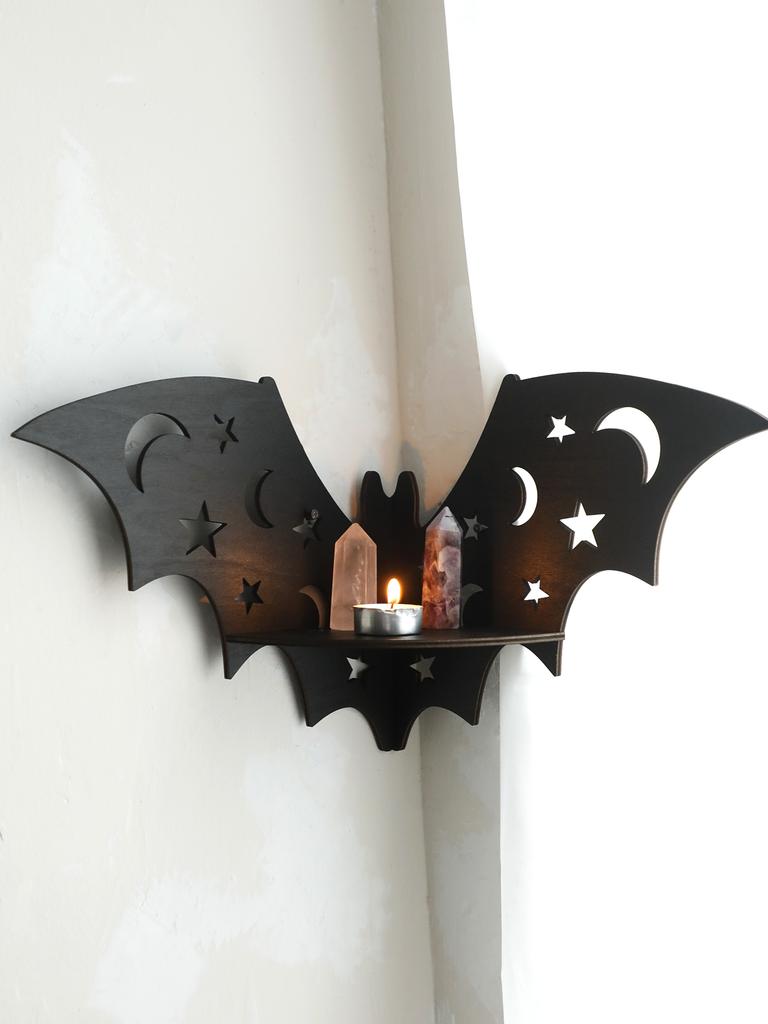 Halloween Black Wooden Wall Shelf Gothic Bat Moon Hollow Pattern Floating Shelf Crystal Holder Witch Room Decor Goth Home Decor