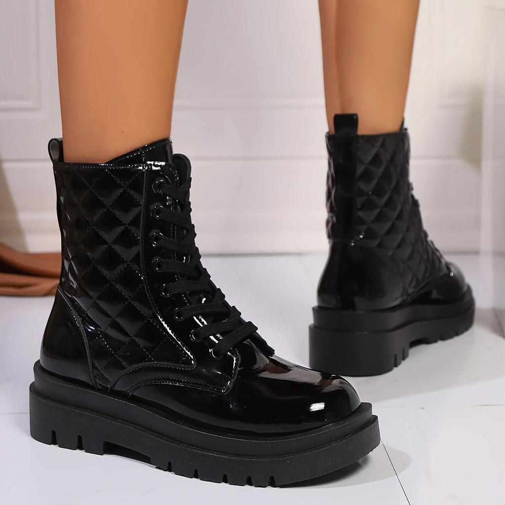 Patent Leather Platform Ankle Boots Women Lace-Up Chunky Heels Motorcycle Botas Mujer Thick Bottom Autumn Boots Woman 2025 New