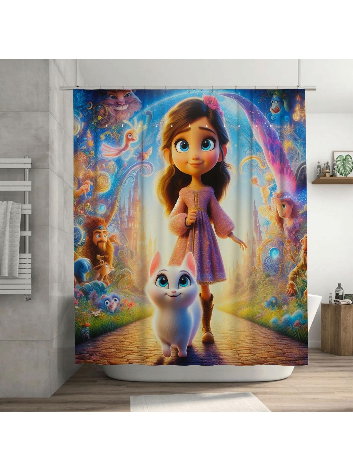 Magical Princess And Cat Shower Curtain | Fantasy Kids Bathroom Decor W60H190(CM)-1 Pcs