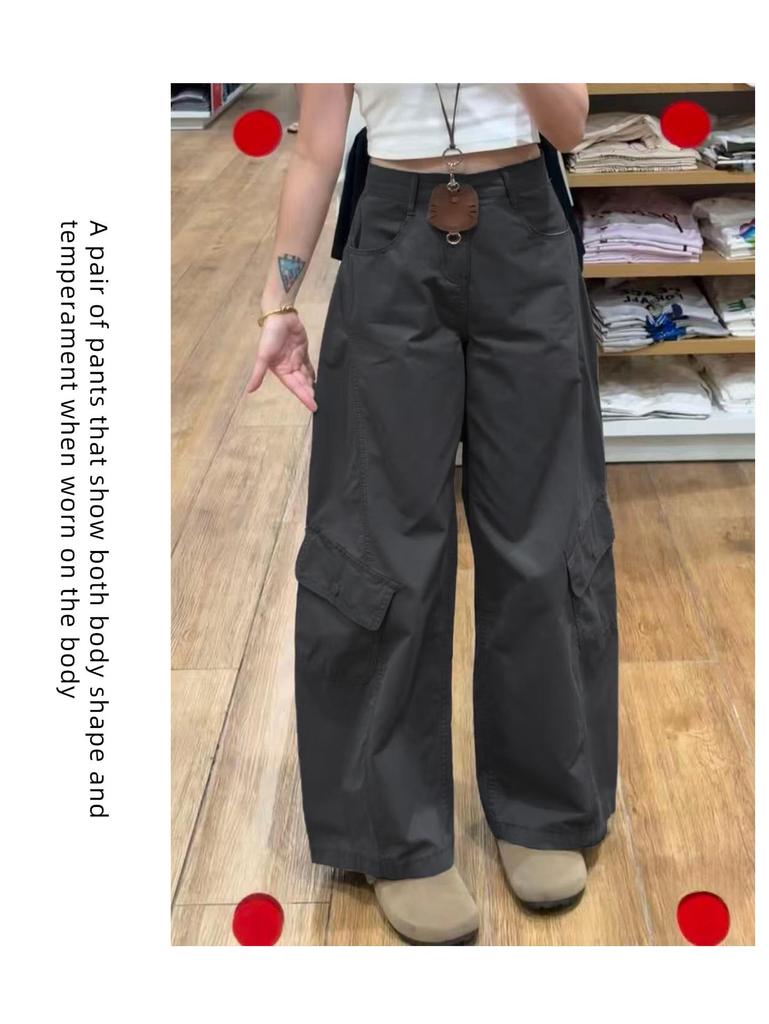 Women's Army Green High-Waisted Wide-Leg Cargo Pants - Petite, Loose-Fit, Slimming, Casual Spring 2026 Style