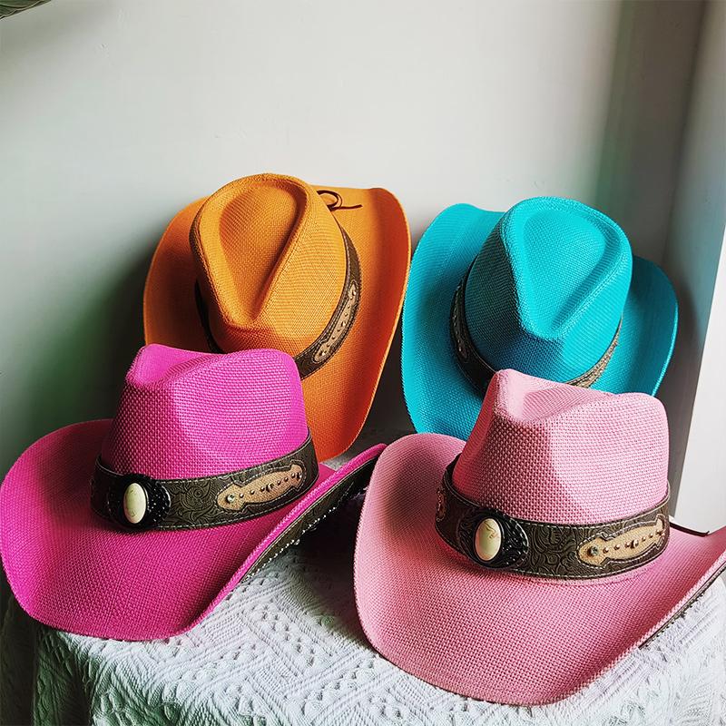 Summer Hard Embroidery Western Cowboy Straw Hat Women Fashion Large Brim Straw Hat Party Outdoor Sunshade Hat Sombrero Vaquero