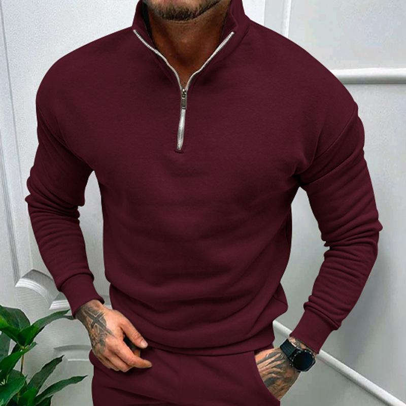 Autumn and Winter Men's Casual Padded Solid Colour Long-sleeved Half Zip POLO Stand-up Collar Top Man