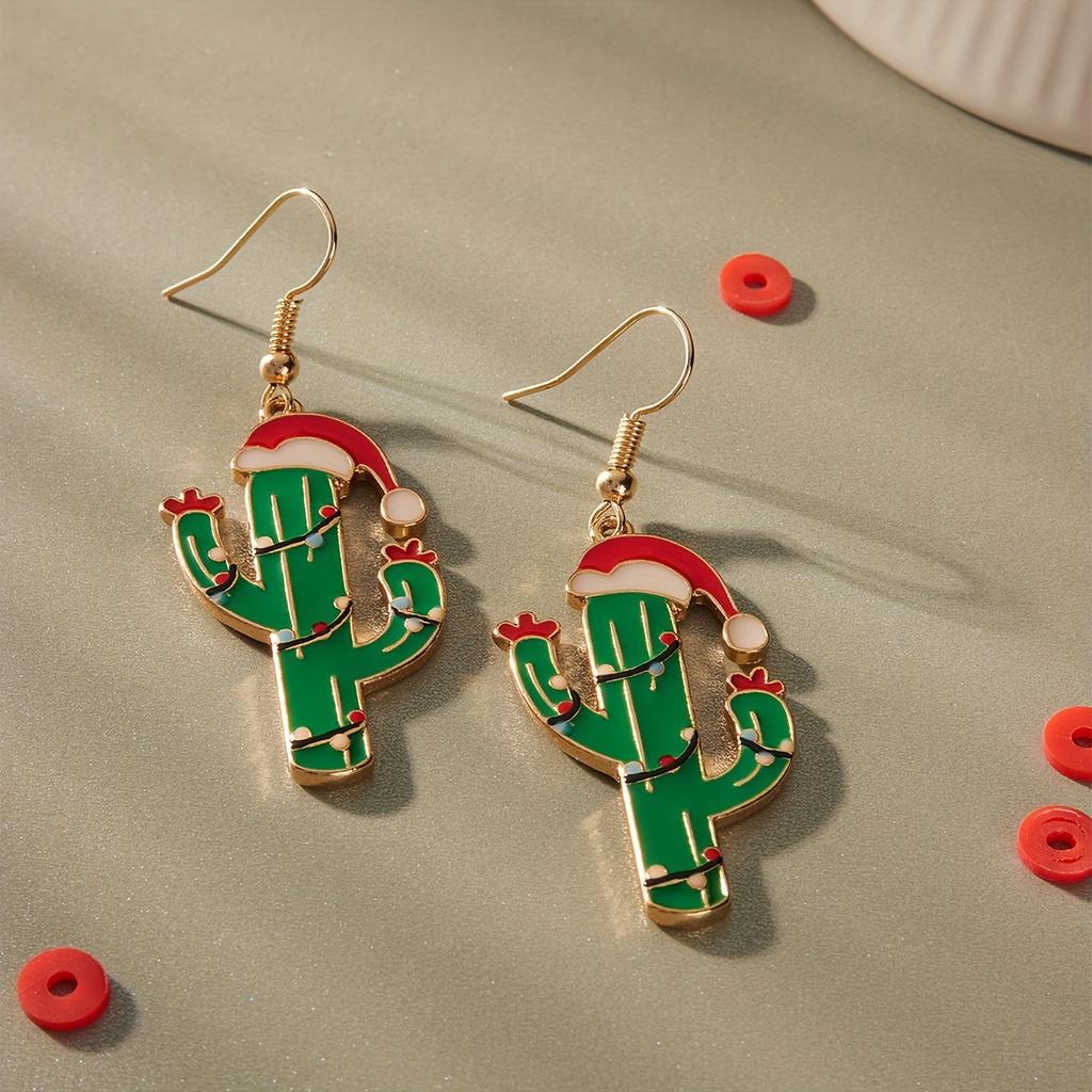 Christmas Little Red Riding Hood Green Cactus Pendant Earrings Premium Versatile