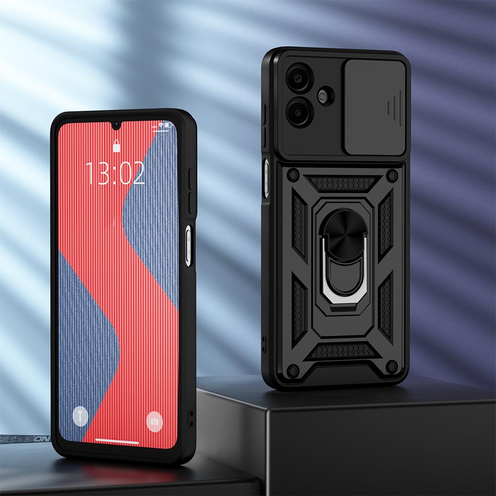 KEYSION Stoßfeste Panzerhülle für Samsung A07 4G Silikon+PC Schiebekamera Objektivschutz Ringständer Handyhülle für Galaxy A07