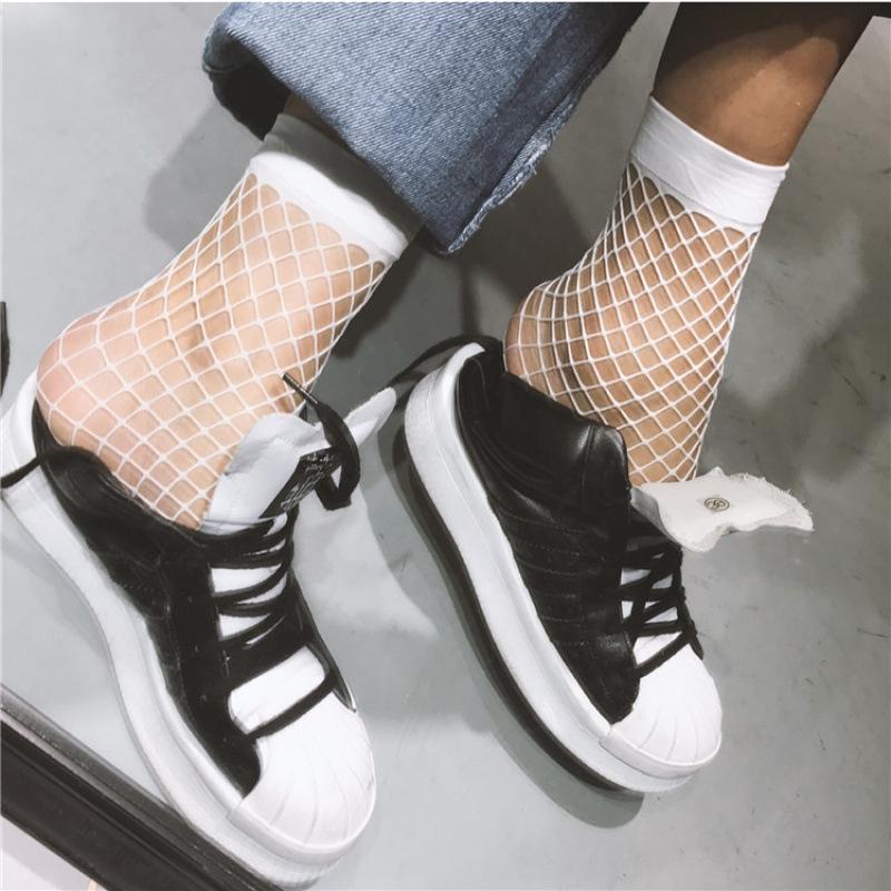 Women's Black Sexy Mesh Fishnet Ankle Socks - Spring/Summer Transparent Grid Design