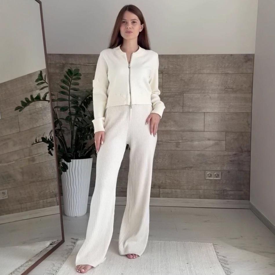 2025 Höst Dam Sportig Casual Långärmad Stickad Kofta och Byxset
