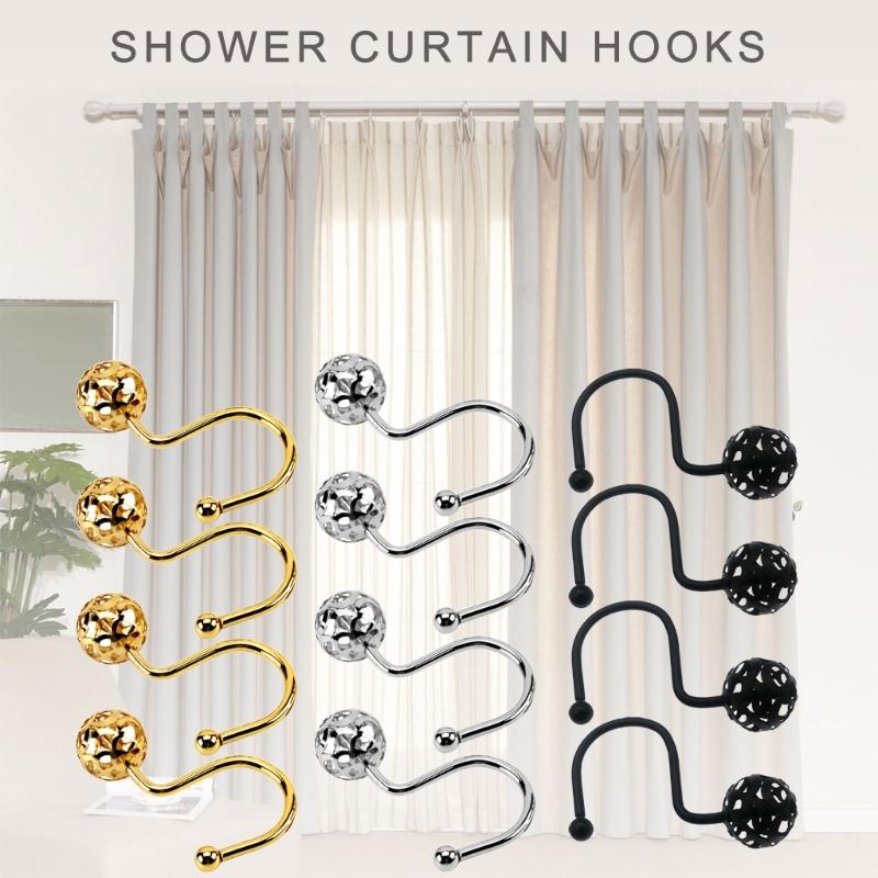 Set of 4 Practical Shower Curtain Rings Decorative Metal Hook with Hollow Sphere Designs for Bathroom Liners