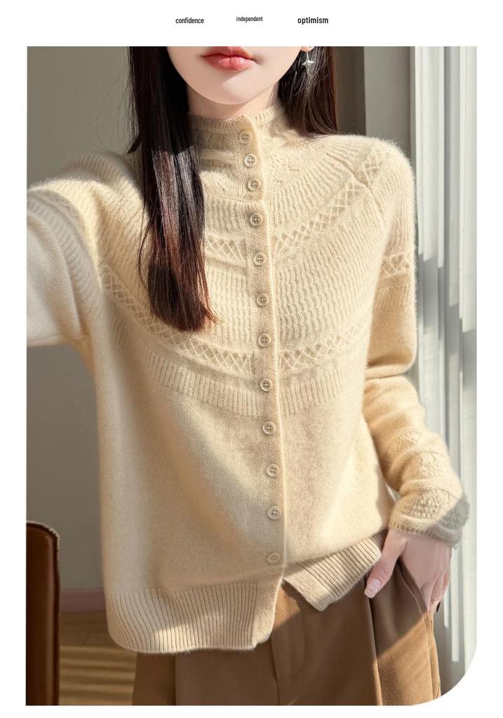 Women's Autumn/Winter 2026 Cashmere Thick Knit Cardigan Sweater with Half-High Neck