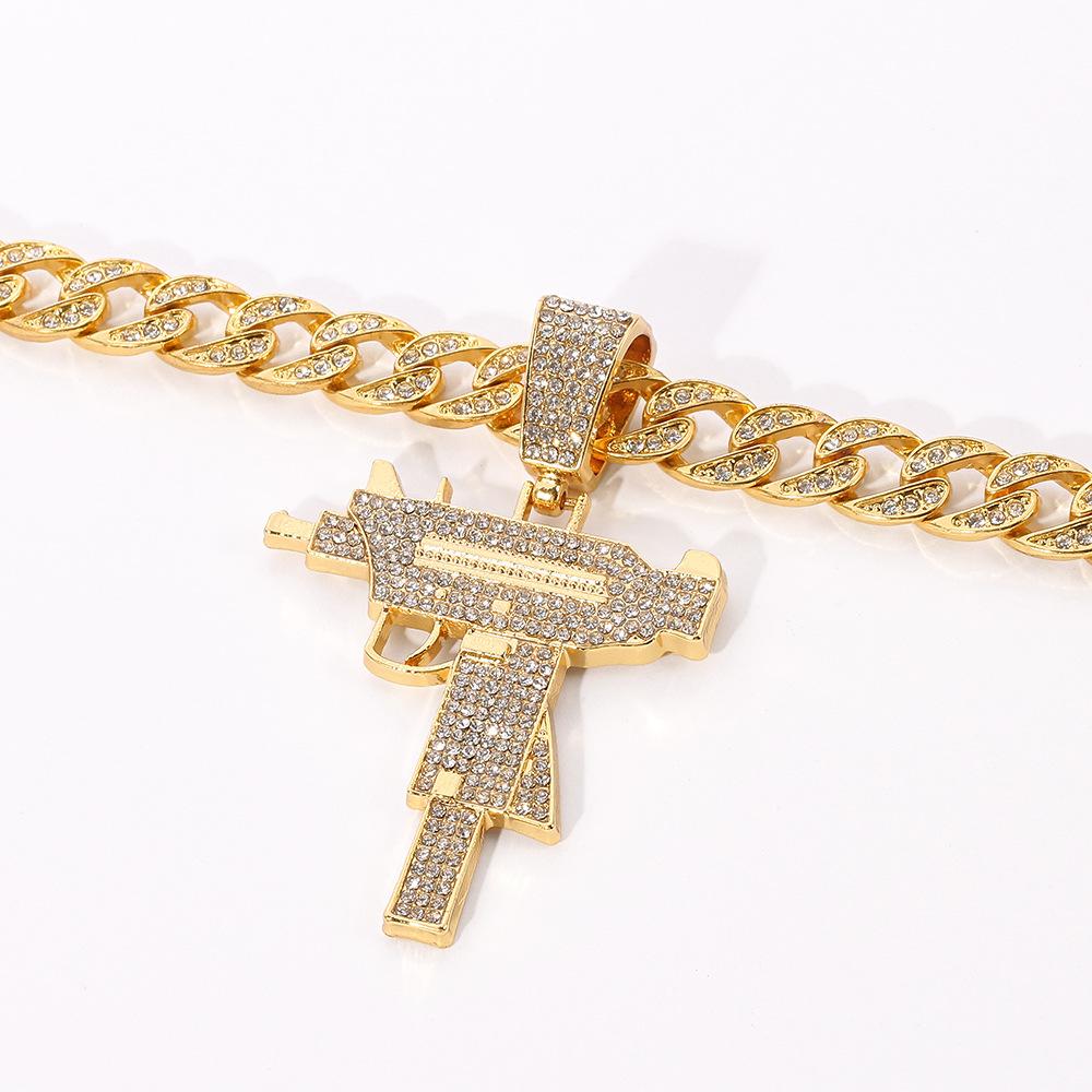 Einzigartiger Mode Große Waffe Iced Out Anhänger Cuban Link Kette Halskette, Silber/Gold Plated Hip Hop Iced Out Schmuck für Damen Party