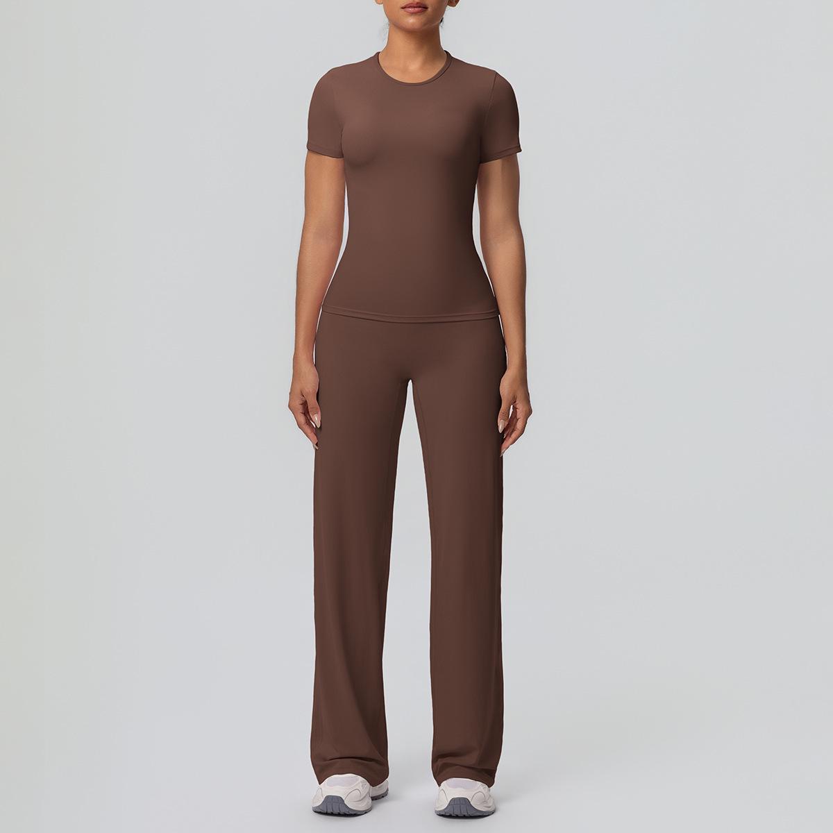 

Cross-Tight High-Waisted Sports Yoga Set: Short-Sleeve Top & Breathable Wide-Leg Pants Large