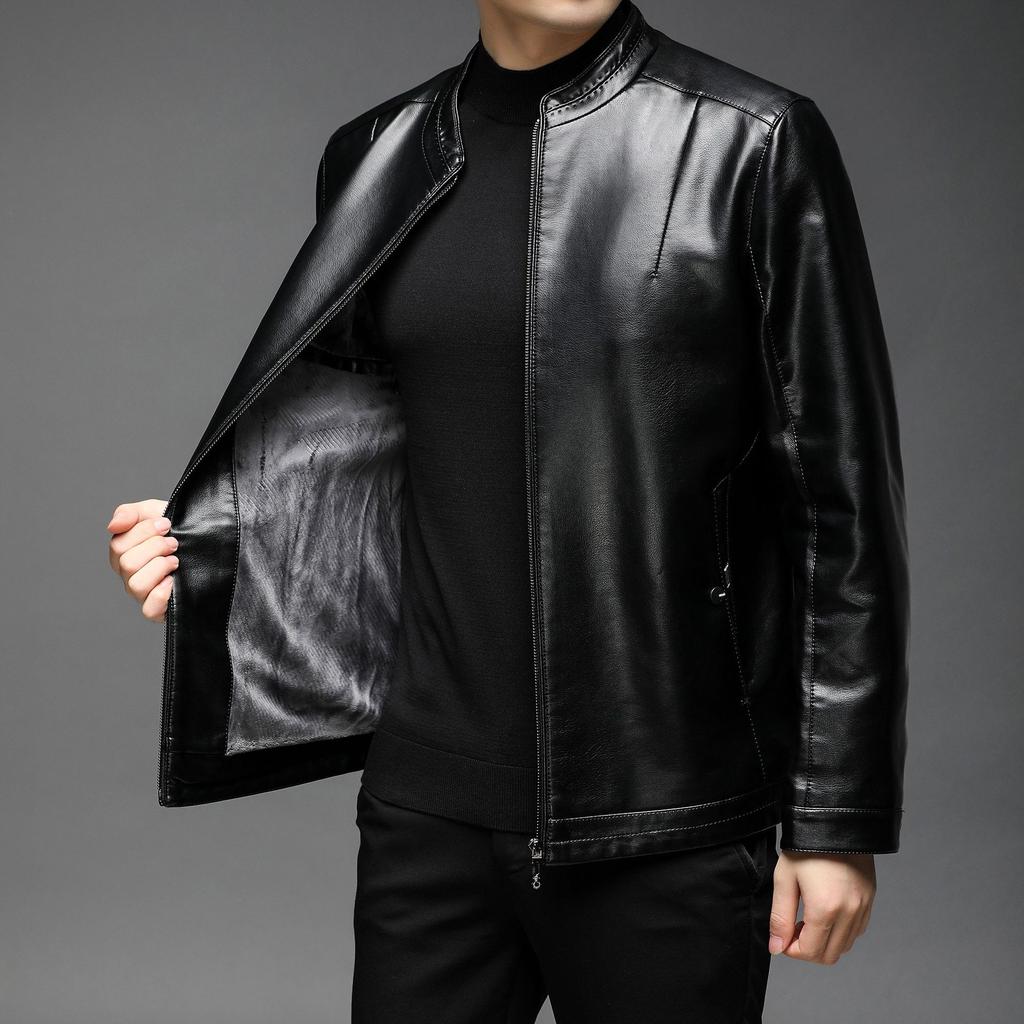 Autumn and Winter New Men's Leather Jacket Leather Jacket Business Casual Stand-up Collar Fleece Thickened Windproof Youth Leather Jacket