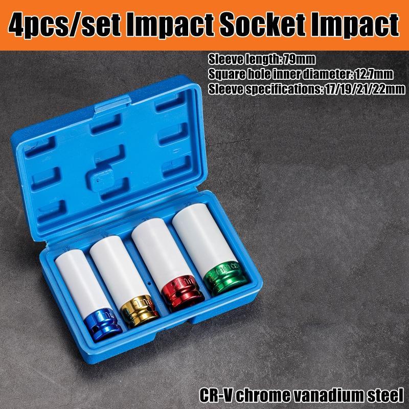 1/2 Inch Drive Wheel Protector Impact Socket Thin Wall Deep Impact Socket Set Plastic Sleeve Lug Nut 17mm, 19mm, 21mm, 22mm