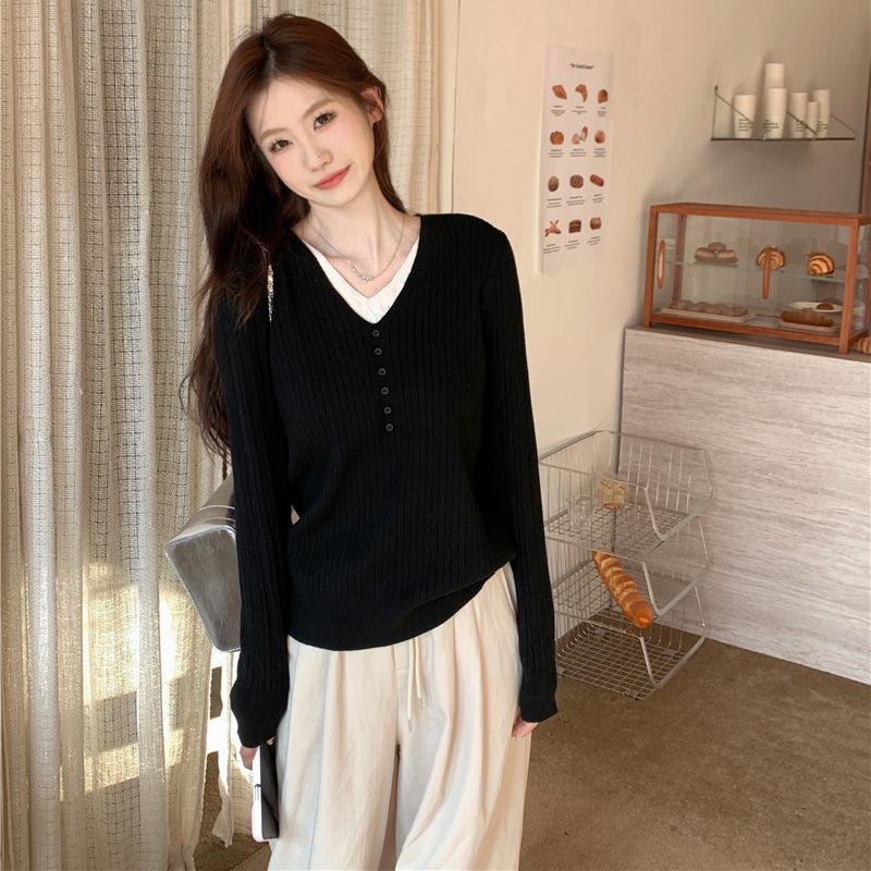Fake Two Piece Knit Top Women Base Layer Autumn Winter Outer Wear Beige V Neck Sweater