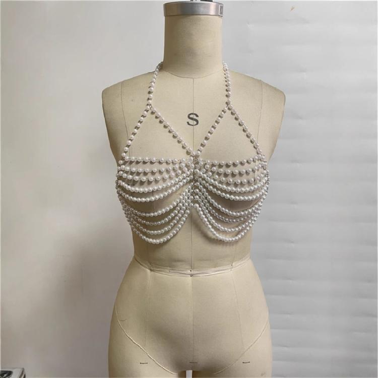 Pearls Body Chain Bra Multilayer Pearls Chest Chains Body Accessories Jewelry for Women Girls Nightclub Raves Body Jewel